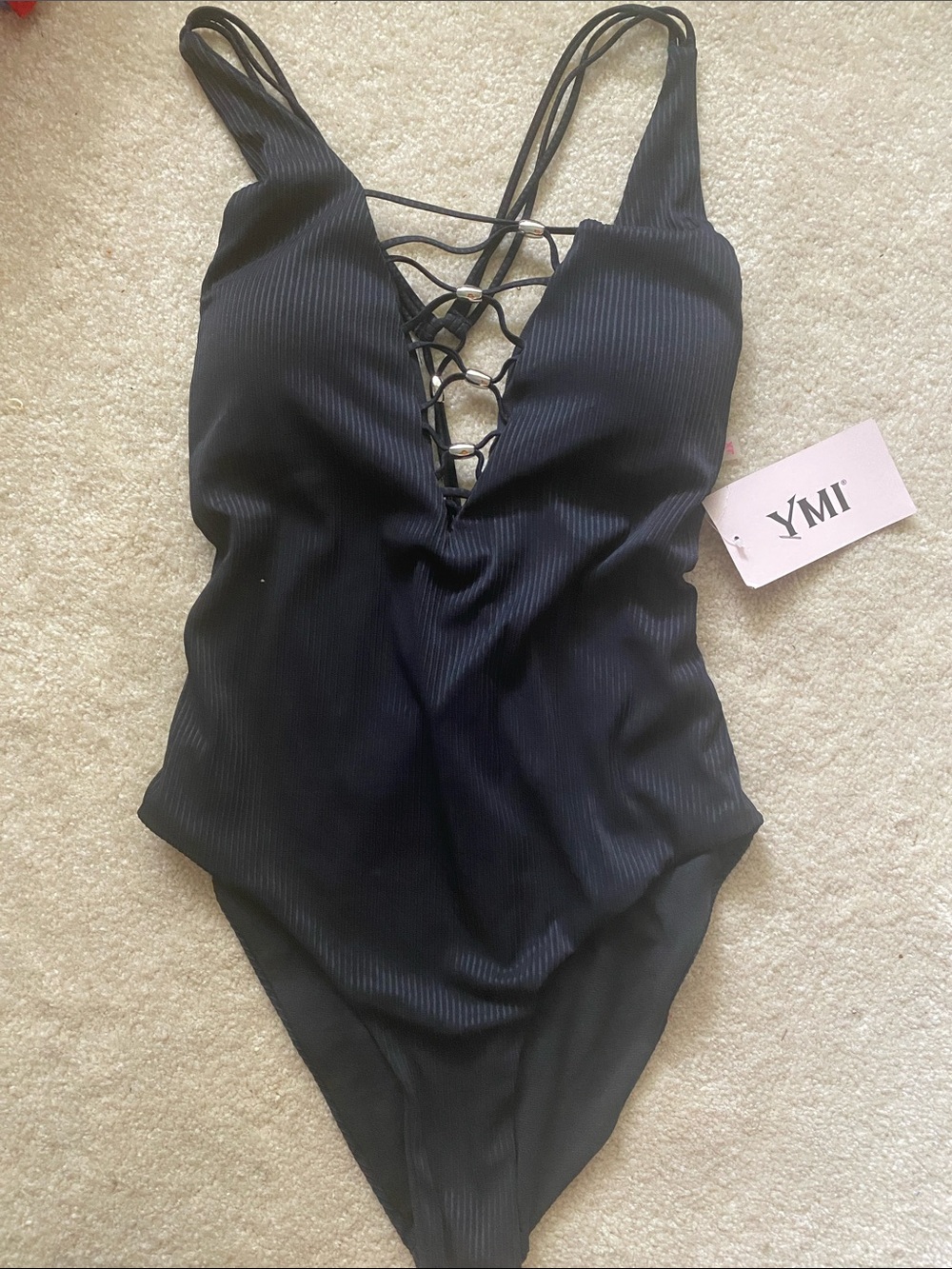 YMI size XL NWT black ribbed tie one piece swimsuit